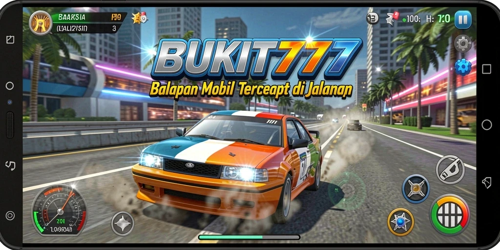 Tampilan gameplay BUKIT777 dengan mobil balap di lintasan menantang.