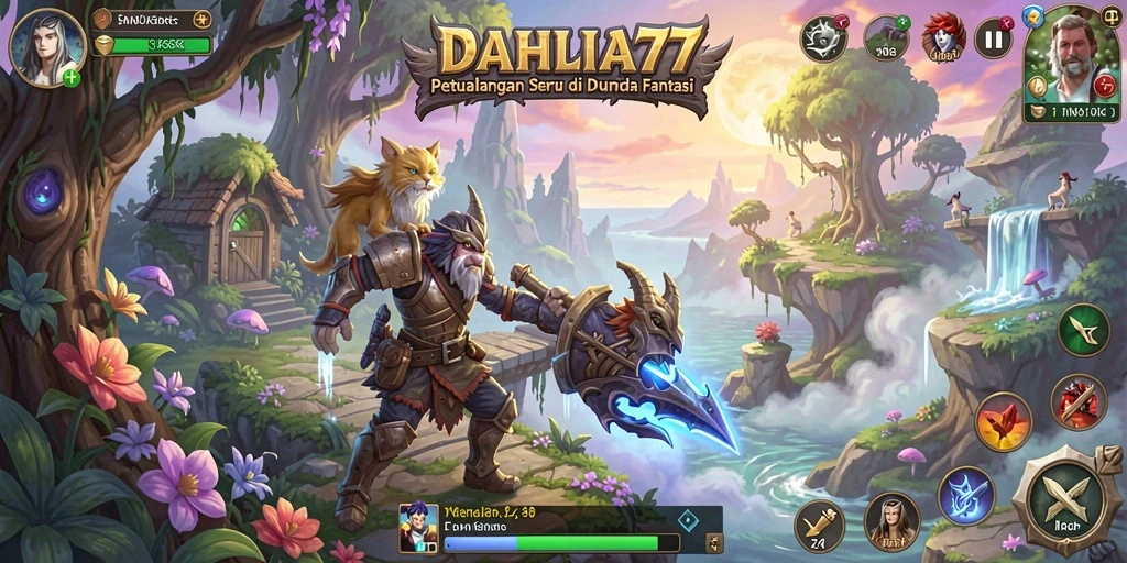 Tampilan gameplay petualangan yang penuh aksi di dunia <strong>DAHLIA77</strong>.