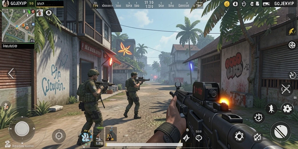 Screenshot utama GOJEKVIP menunjukkan aksi seru dalam gameplay TPS.