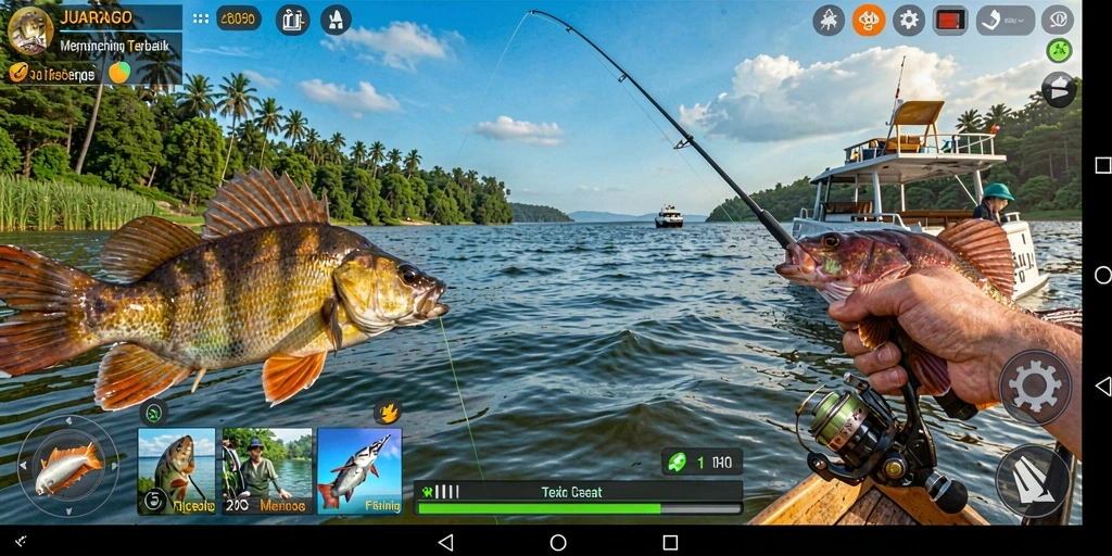 Tampilan gameplay JUARAGO yang mempesona dengan aksi memancing menegangkan.
