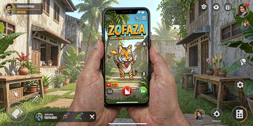Screenshot gameplay ZOFAZA menampilkan dunia simulasi yang kaya dan interaktif.